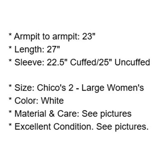 Chicos Top 2 Womens Large 12 White Blouse Cuffed Lace on Sides Buttons Academia - Picture 4 of 16